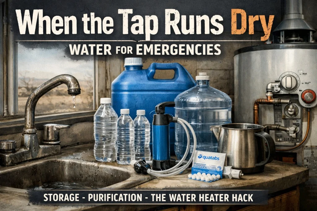 Episode 5 featured image: When the Tap Runs Dry - Water for Emergencies. Covers storage, purification, and the water heater trick.